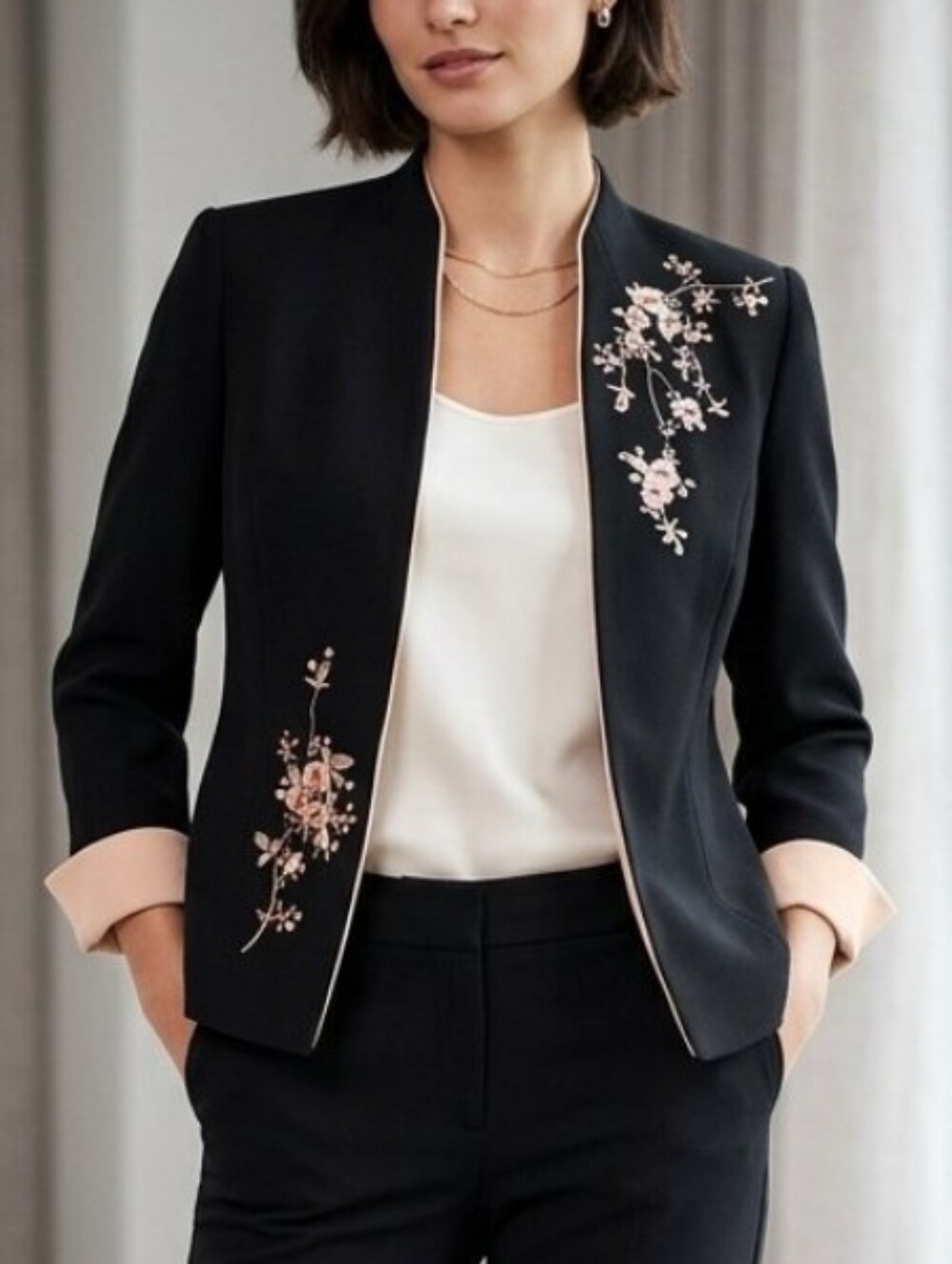 Jessica Howard Vintage Floral Embroidered Open Front Blazer Jacket